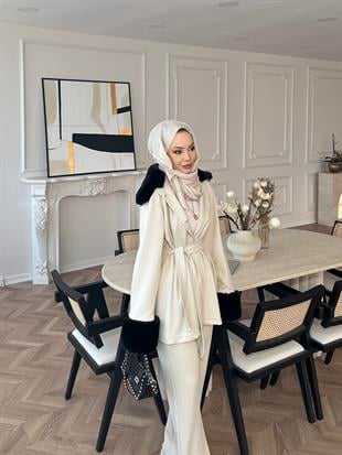 Elsi Kürk Detaylı Scuba Takım Bej