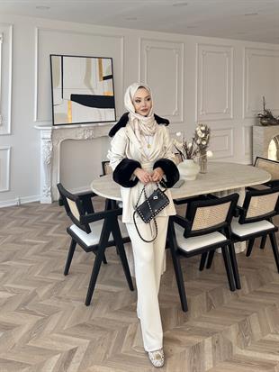 Elsi Kürk Detaylı Scuba Takım Bej