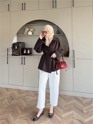 Encore Beli Büzgülü Trenç Acı Kahve (4574)