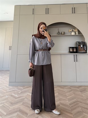 Era Çizgili Oversize Gömlek Kahve (5475)