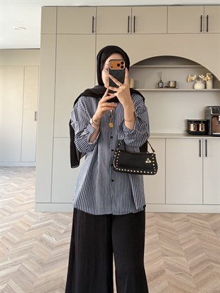 Era Çizgili Oversize Gömlek Siyah (5475)