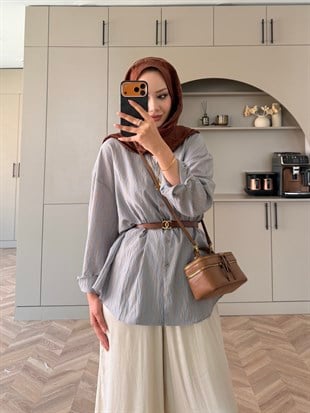 Era Çizgili Oversize Gömlek Vizon (5475)
