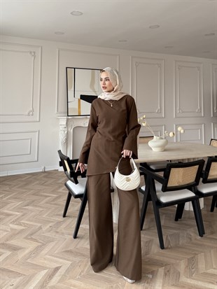 Esil Asimetrik Kesim Pantolonlu Takım Kahve (2365)