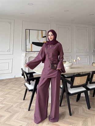 Esil Asimetrik Kesim Pantolonlu Takım Bordo (2365)