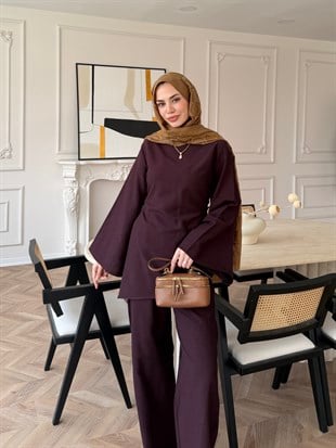 Esil Asimetrik Kesim Pantolonlu Takım Mürdüm (2365)
