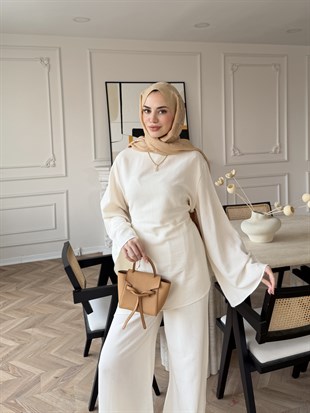 Esil Asimetrik Kesim Pantolonlu Takım Bej (2365)