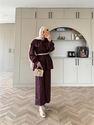 Evelia Fırfırlı Pantolonlu Takım Mürdüm (549)