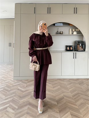 Evelia Fırfırlı Pantolonlu Takım Mürdüm (549)