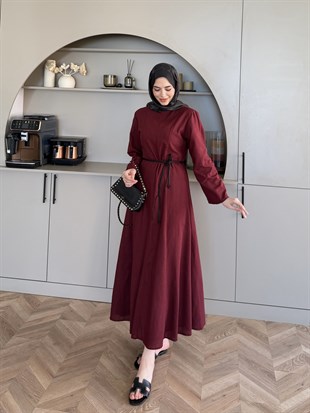 Eyyo Keten Elbise Bordo (3335)