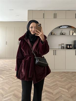 Fabian Yakası Kürk Detaylı Ceket/Hırka