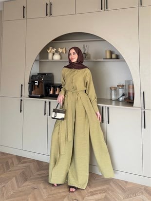 Fairy Yırtmaç Detaylı Pantolon Takım Yağ Yeşili (8058)