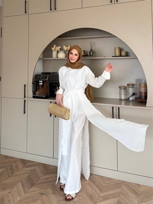Fairy Yırtmaç Detaylı Pantolonlu Takım Beyaz (8058)