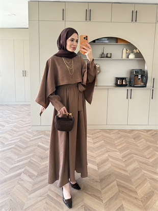 Fanes Pelerinli Elbise Kahve (035)