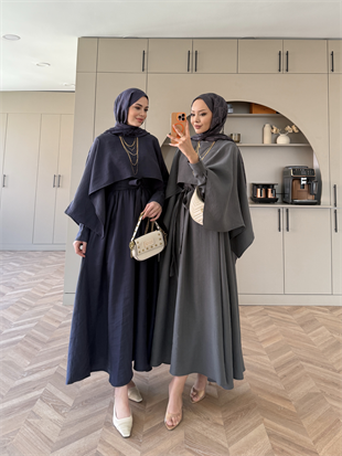 Fanes Pelerinli Elbise Lacivert (035)