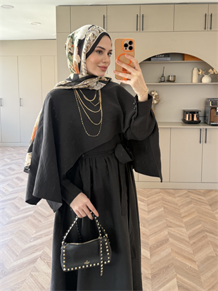 Fanes Pelerinli Elbise Siyah (035)