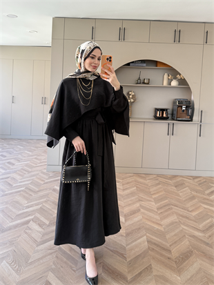 Fanes Pelerinli Elbise Siyah (035)