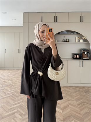 Farbo Yandan Bağlamalı Broşlu Cupra Takım Acı Kahve (4413)