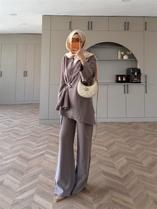 Farbo Yandan Bağlamalı Broşlu Modal Takım Vizon (4413)