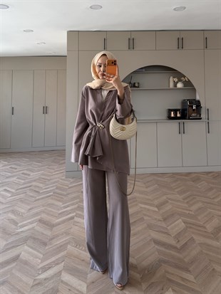 Farbo Yandan Bağlamalı Broşlu Modal Takım Vizon (4413)