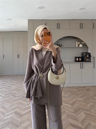 Farbo Yandan Bağlamalı Broşlu Modal Takım Vizon (4413)