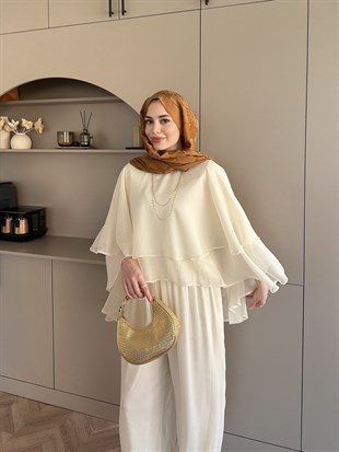 Feely Yarasa Kol Pantolonlu Takım Ekru (5799)