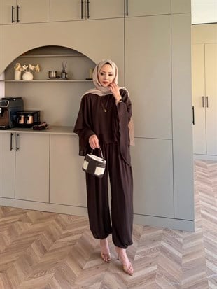 Feely Yarasa Kol Pantolonlu Takım Kahve (5799)