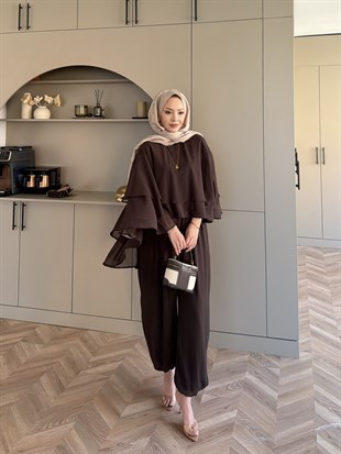 Feely Yarasa Kol Pantolonlu Takım Kahve (5799)