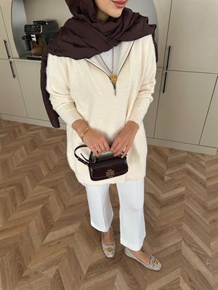 Fermuarlı Angora Kazak Ekru