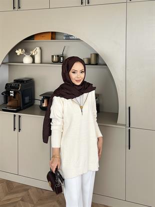 Fermuarlı Angora Kazak Ekru