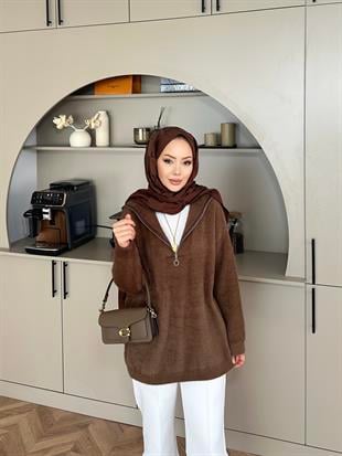 Fermuarlı Angora Kazak Kahve