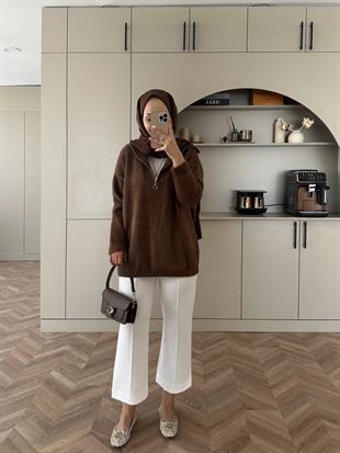 Fermuarlı Angora Kazak Kahve