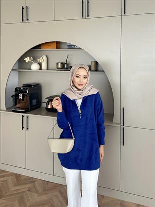 Fermuarlı Angora Kazak Mavi