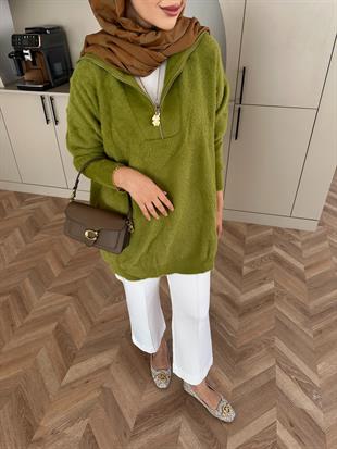 Fermuarlı Angora Kazak Yeşil