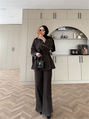 Figan Fermuar Detaylı Pantolonlu Kot Takım Kahve (4408)