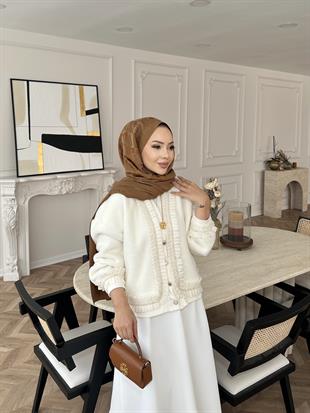 Fırfır Detaylı Peluş Hırka Ekru 