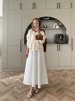 Fırfır Detaylı Peluş Hırka Ekru 