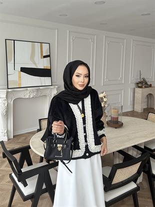 Fırfır Detaylı Peluş Hırka Siyah