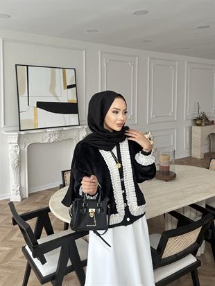 Fırfır Detaylı Peluş Hırka Siyah