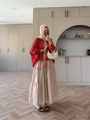 Fisto İşlemeli Brode Etek Bej (4520)