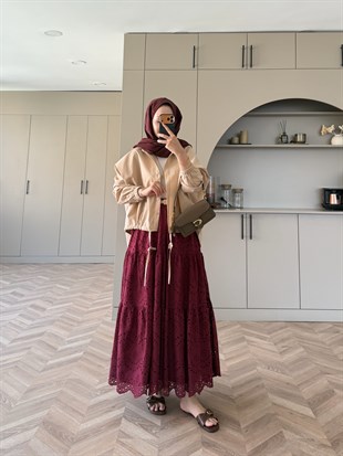 Fisko İşlemeli Brode Etek Bordo (4520)