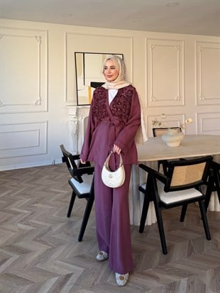 Fleur Aplika Detaylı Pantolonlu Takım Gül Kurusu (5788)