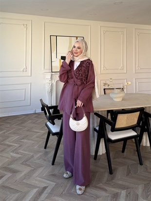 Fleur Aplika Detaylı Pantolonlu Takım Gül Kurusu (5788)