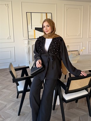 Fleur Aplika Detaylı Pantolonlu Takım Siyah (5788)