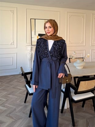 Fleur Aplika Detaylı Pantolonlu Takım Lacivert (5788)