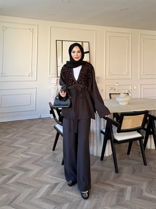 Fleur Aplika Detaylı Pantolonlu Takım Kahverengi (5788)