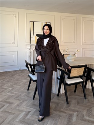 Fleur Aplika Detaylı Pantolonlu Takım Kahverengi (5788)