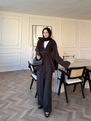 Fleur Aplika Detaylı Pantolonlu Takım Kahverengi (5788)
