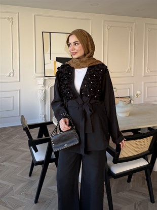 Fleur Aplika Detaylı Pantolonlu Takım Siyah (5788)