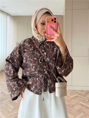 Floral Önü Bağlamalı Jakar Ceket Bordo (4587)