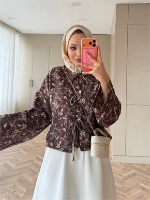 Floral Önü Bağlamalı Jakar Ceket Bordo (4587)